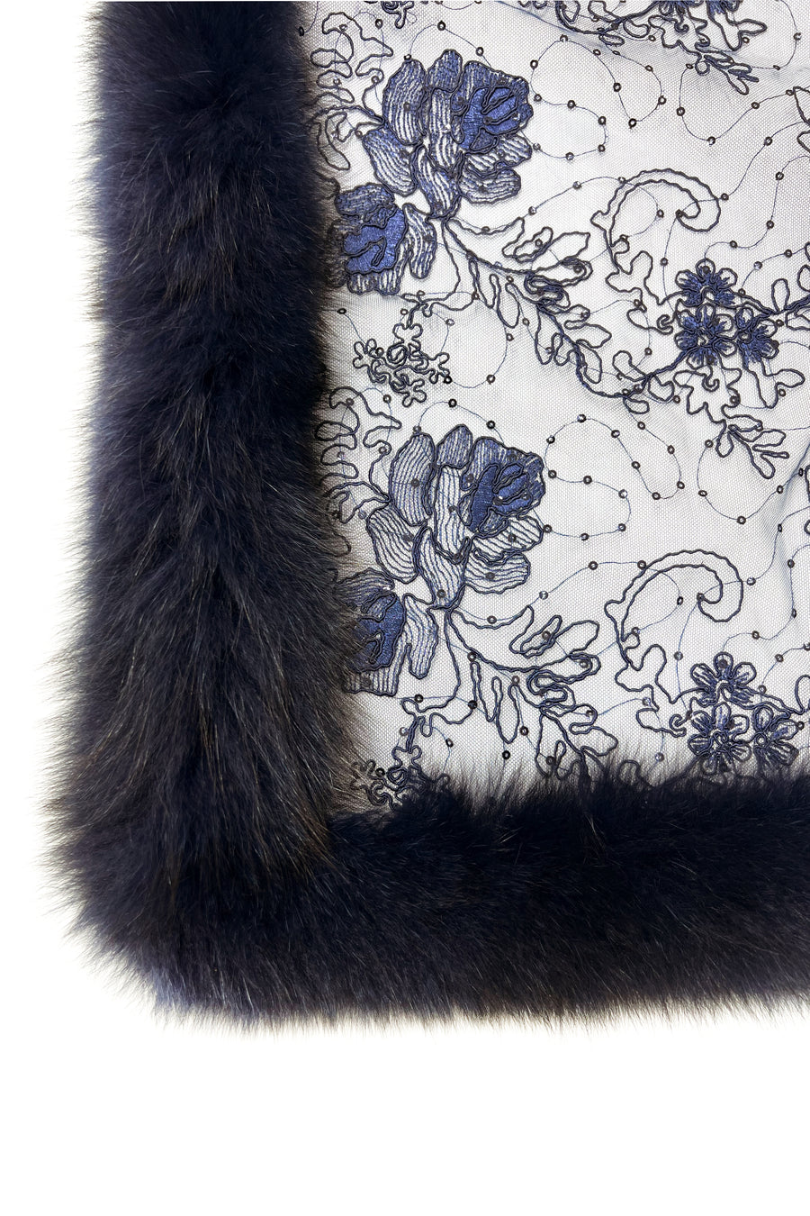 Fox Fur Trim Lace Stole - Navy Blue