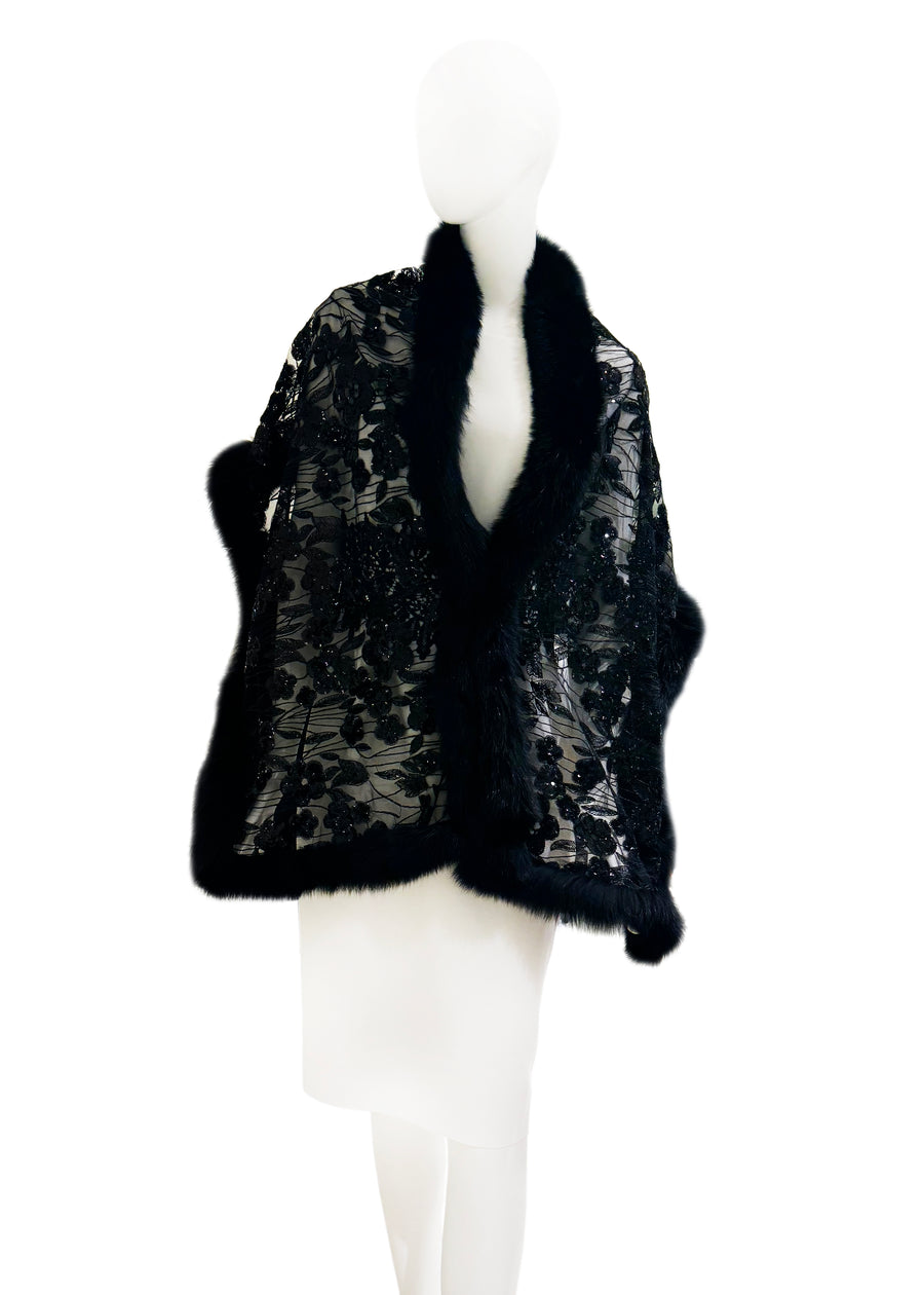 Fox Fur Trim Lace Stole - Flower Garden